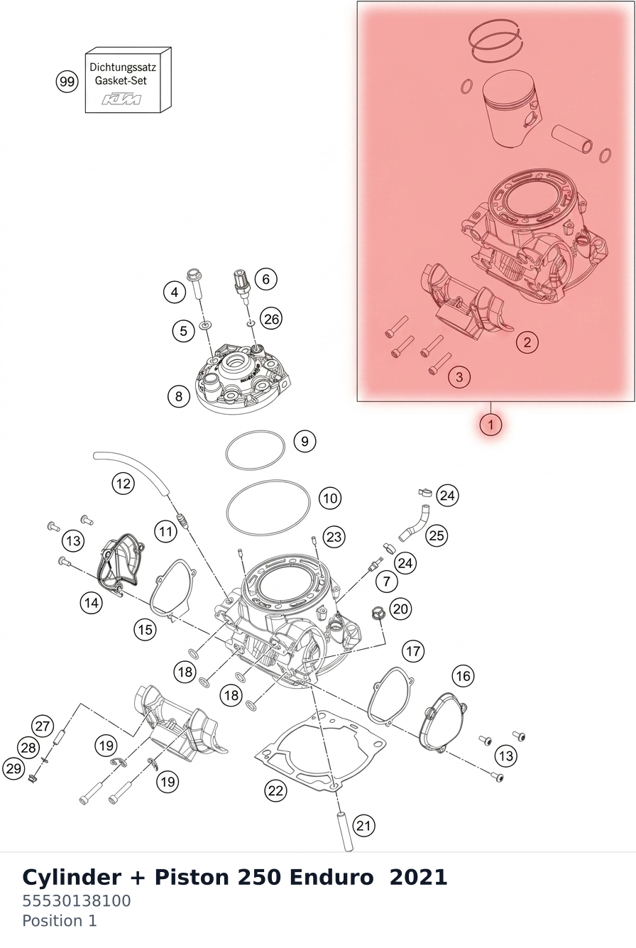 Diagram preview: Cylinder + Piston 250 Enduro  2021 (55530138100)