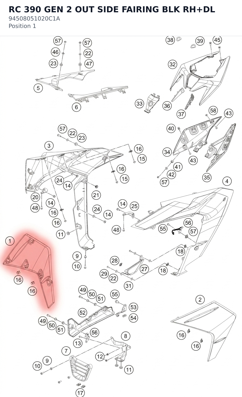 Diagram preview: RC 390 GEN 2 OUT SIDE FAIRING BLK RH+DL (94508051020C1A)