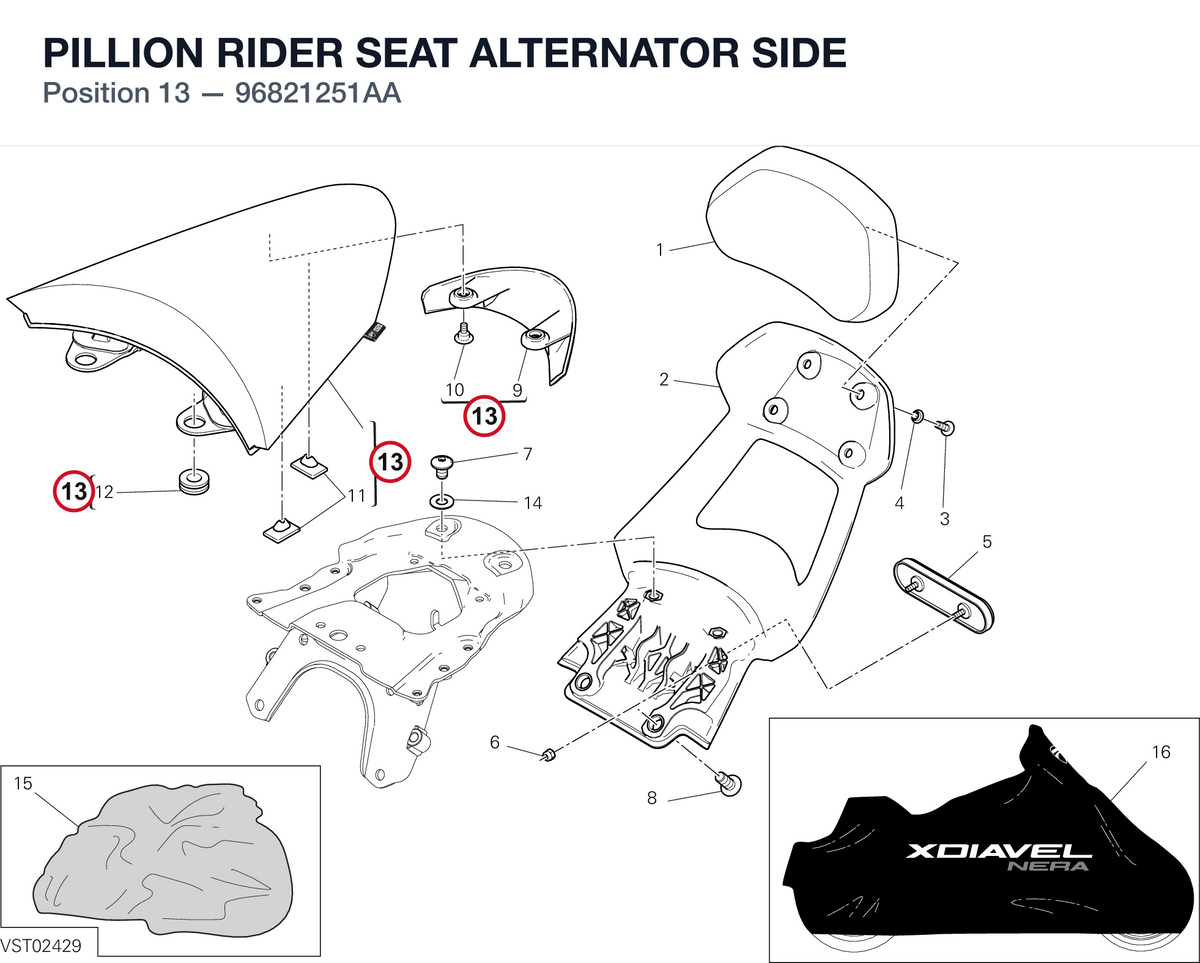 PILLION RIDER SEAT ALTERNATOR SIDE 96821251AA diagram position