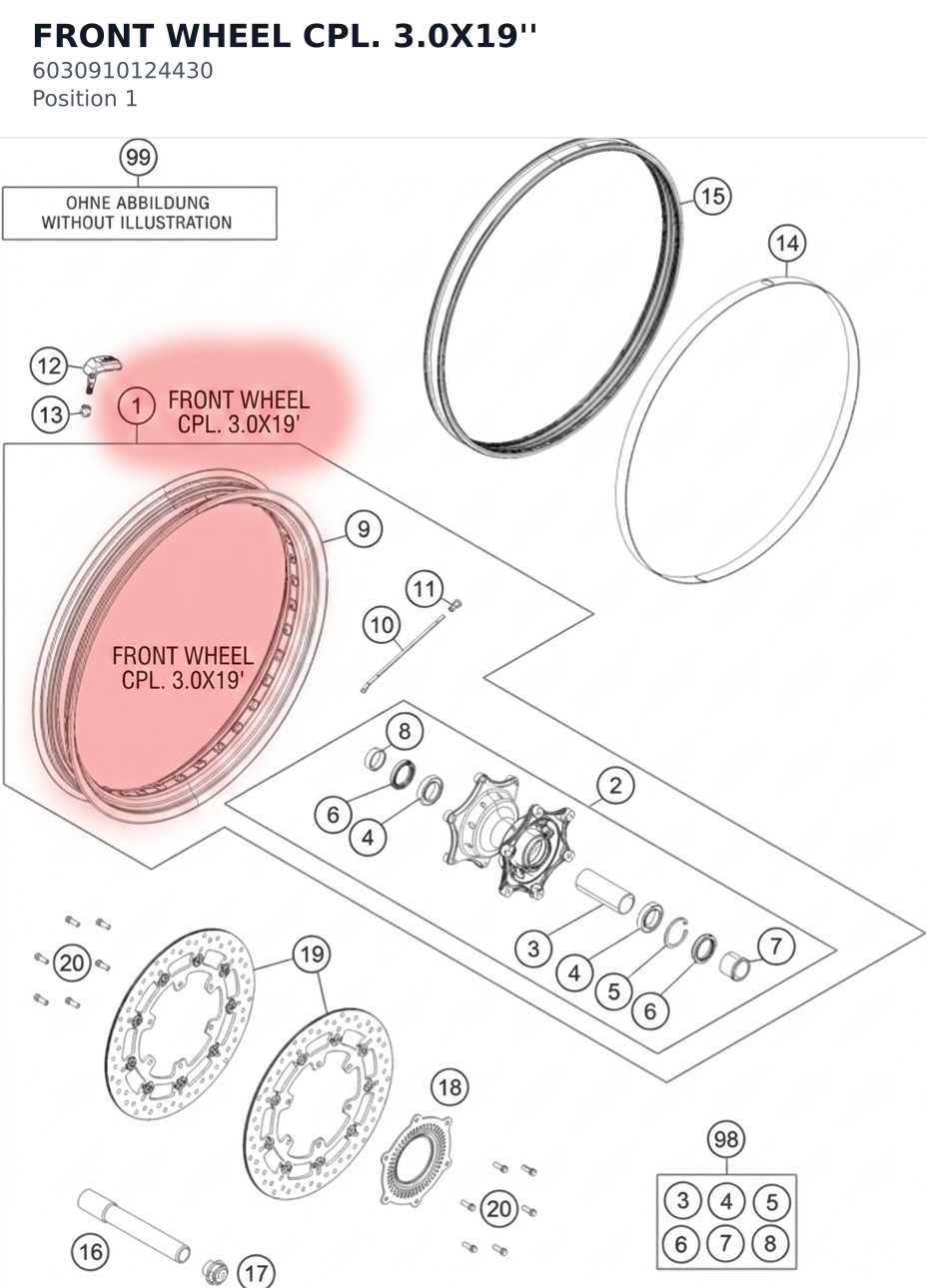 Diagram preview: FRONT WHEEL CPL. 3.0X19'' (6030910124430)