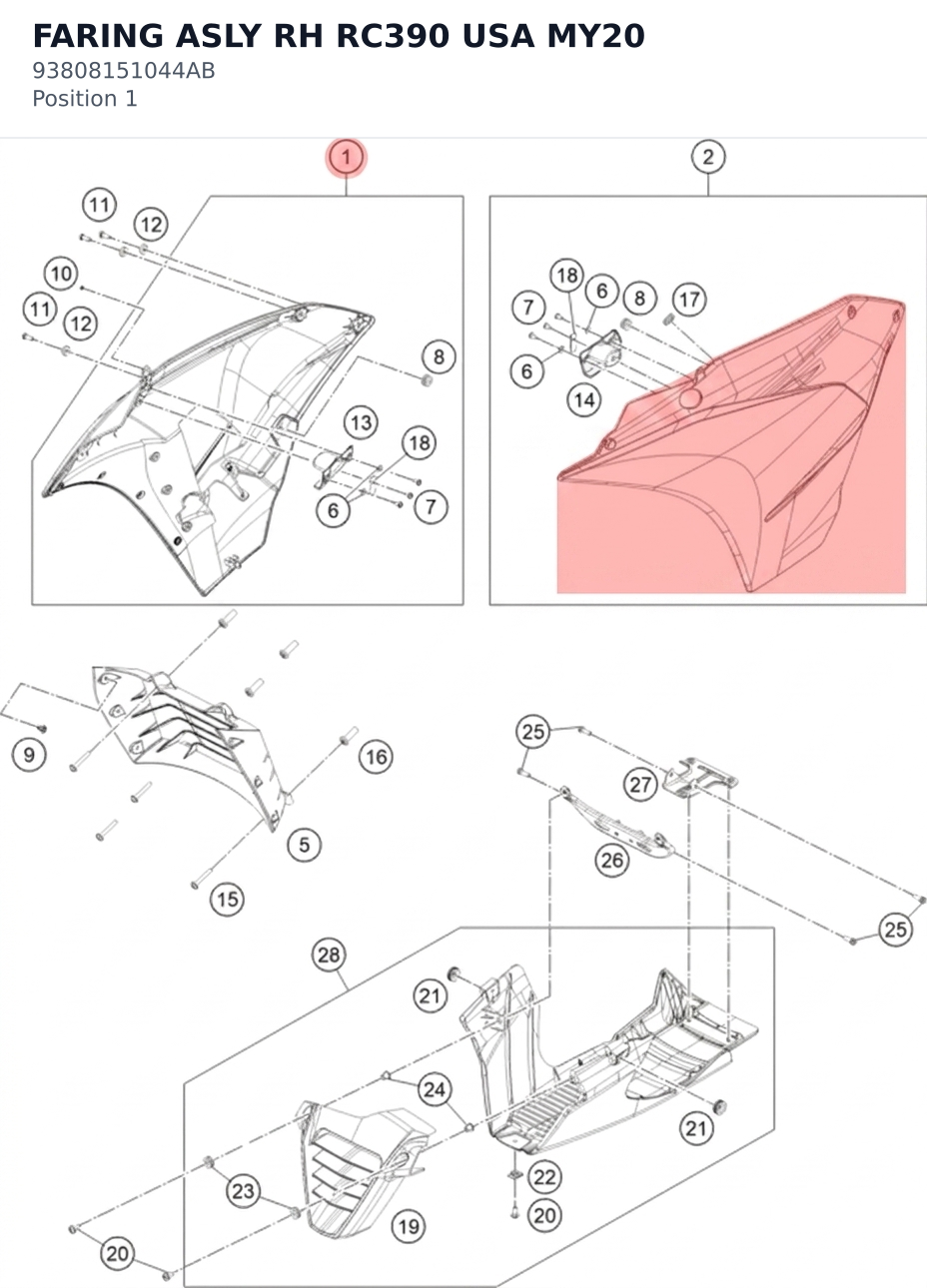 Diagram preview: FARING ASLY RH RC390 USA MY20 (93808151044AB)