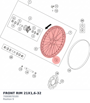 Diagram preview: FRONT RIM 21X1,6-32 (70009070100)