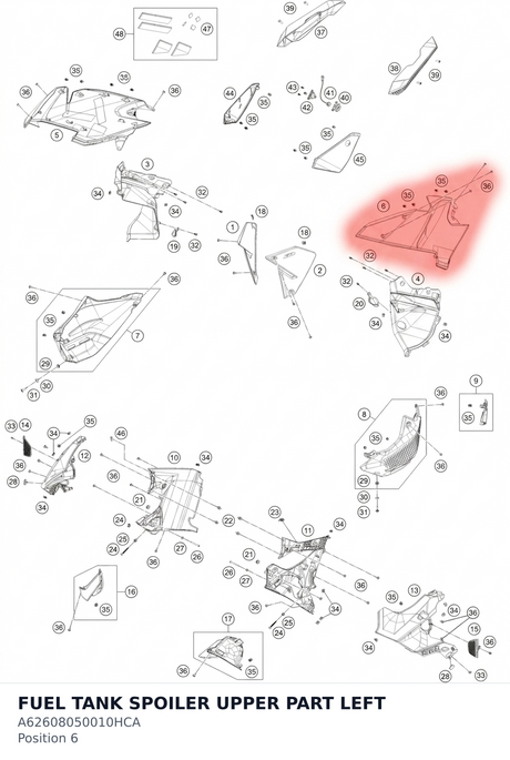 Diagram preview: FUEL TANK SPOILER UPPER PART LEFT (A62608050010HCA)