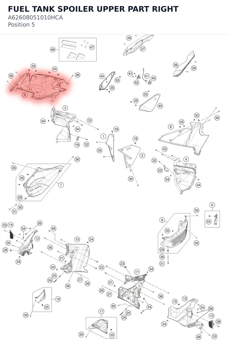 Diagram preview: FUEL TANK SPOILER UPPER PART RIGHT (A62608051010HCA)