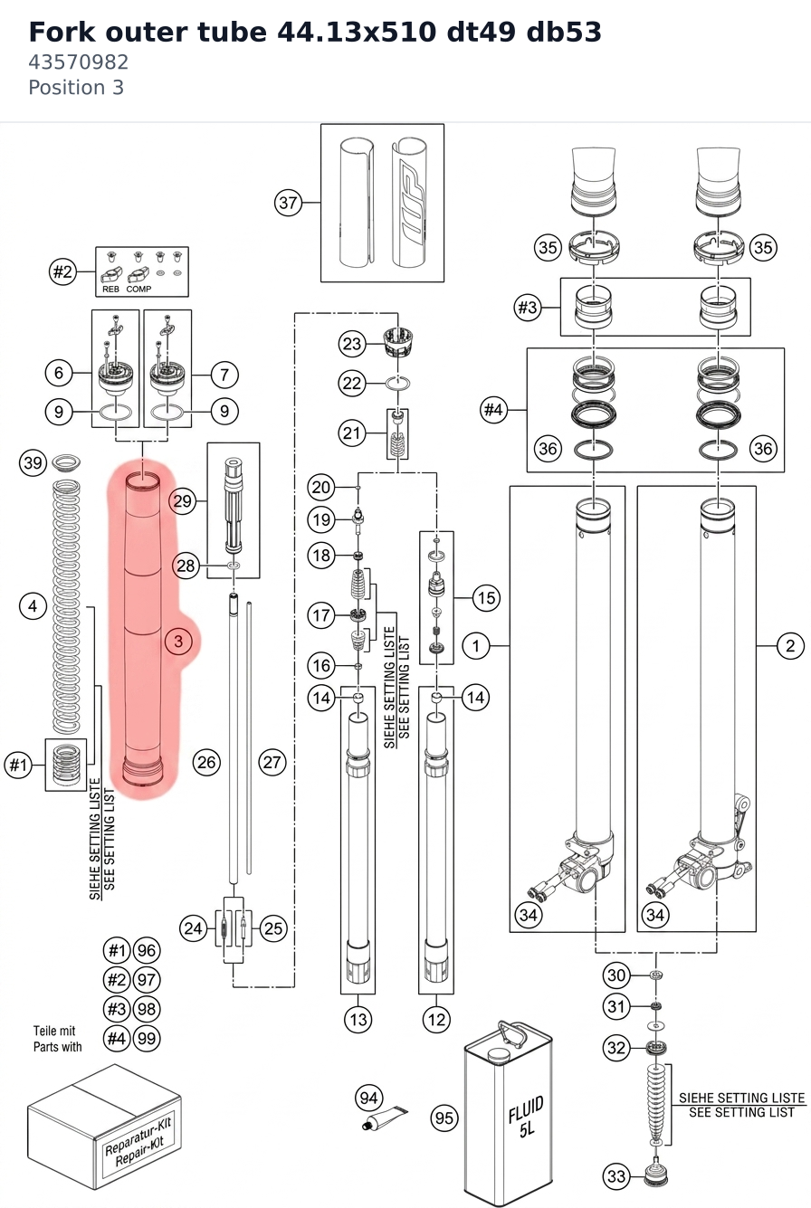 Diagram preview: Fork outer tube 44.13x510 dt49 db53 (43570982)