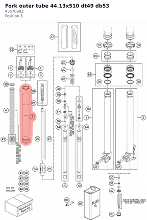 Diagram preview: Fork outer tube 44.13x510 dt49 db53 (43570982)