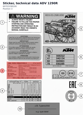 Diagram preview: Sticker, technical data ADV 1290R (60703198100)