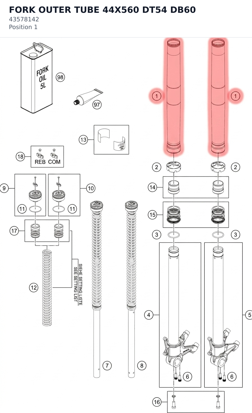 Diagram preview: FORK OUTER TUBE 44X560 DT54 DB60 (43578142)