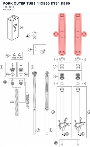 Diagram preview: FORK OUTER TUBE 44X560 DT54 DB60 (43578142)