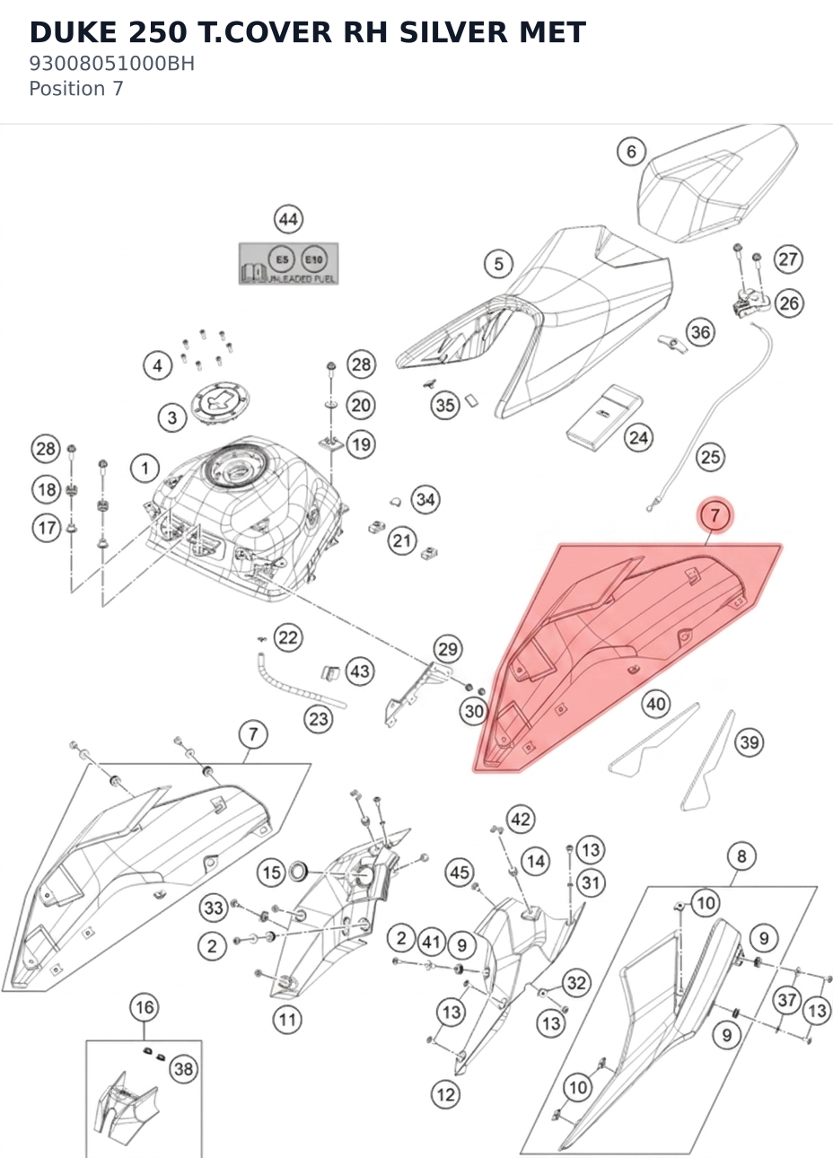 Diagram preview: DUKE 250 T.COVER RH SILVER MET (93008051000BH)