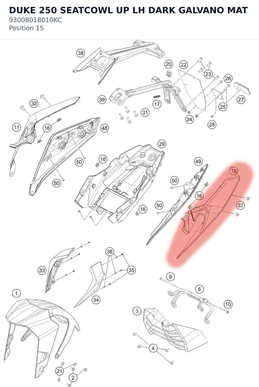 Diagram preview: DUKE 250 SEATCOWL UP LH DARK GALVANO MAT (93008018010KC)