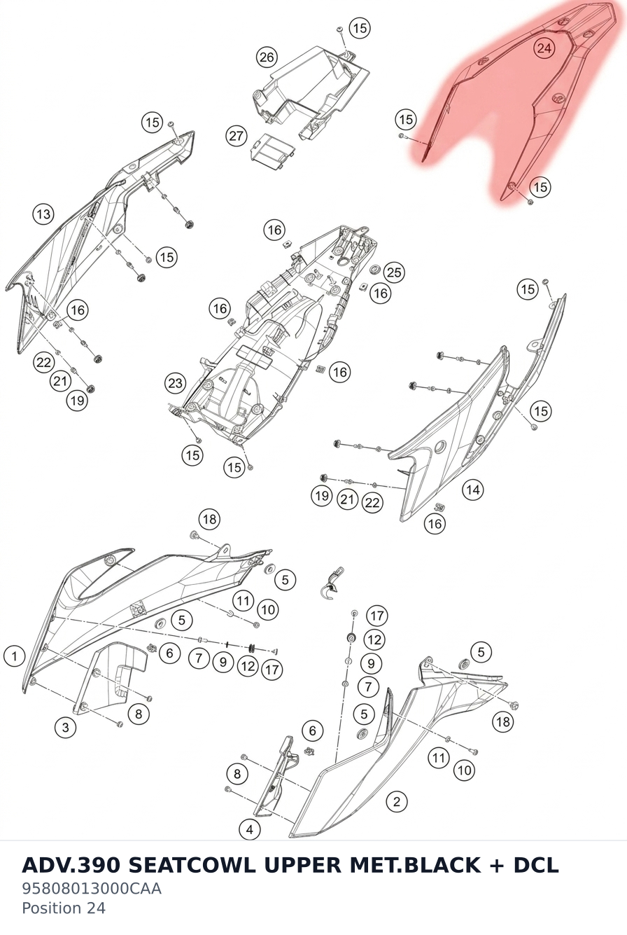 Diagram preview: ADV.390 SEATCOWL UPPER MET.BLACK + DCL (95808013000CAA)