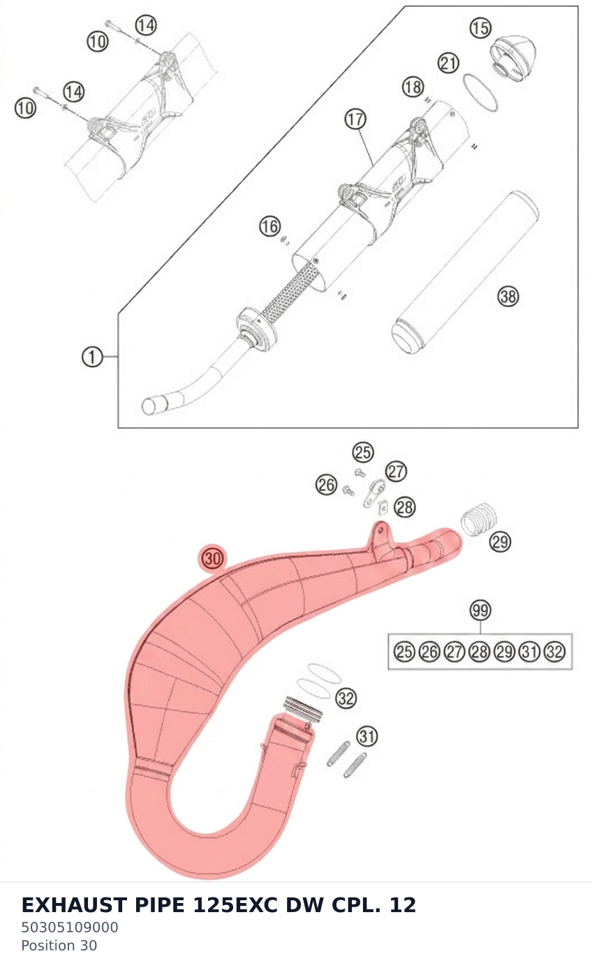 Diagram preview: EXHAUST PIPE 125EXC DW CPL. 12 (50305109000)
