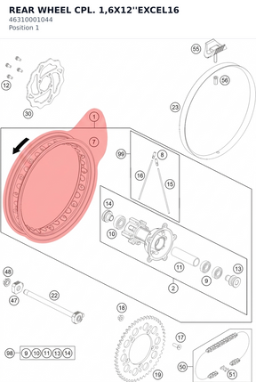 Diagram preview: REAR WHEEL CPL. 1,6X12''EXCEL16 (46310001044)