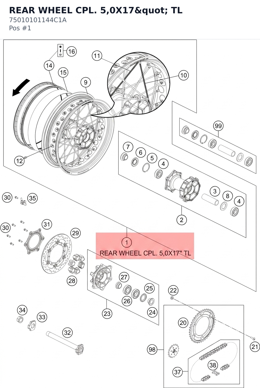 Diagram preview: REAR WHEEL CPL. 5,0X17" TL (75010101144C1A)