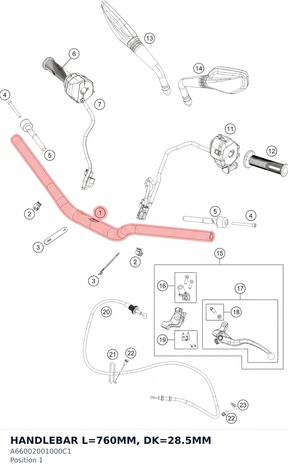 Diagram preview: HANDLEBAR L=760MM, DK=28.5MM (A66002001000C1)