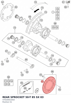 Diagram preview: REAR SPROCKET 50-T  85 SX   03 (47010051050)