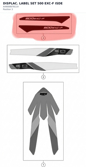 Diagram preview: DISPLAC. LABEL SET 500 EXC-F ISDE (A49008078119)