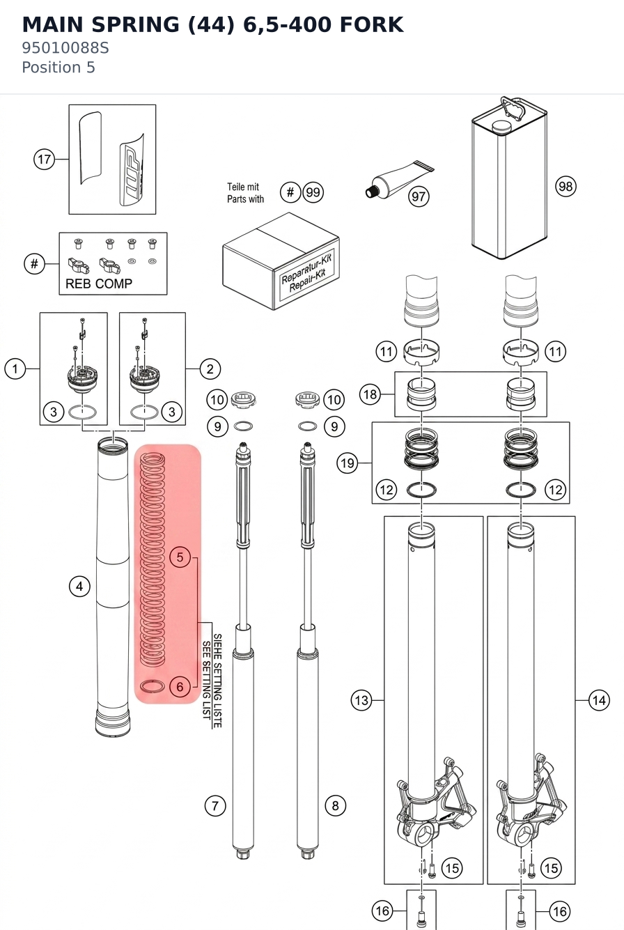 Diagram preview: MAIN SPRING (44) 6,5-400 FORK (95010088S)
