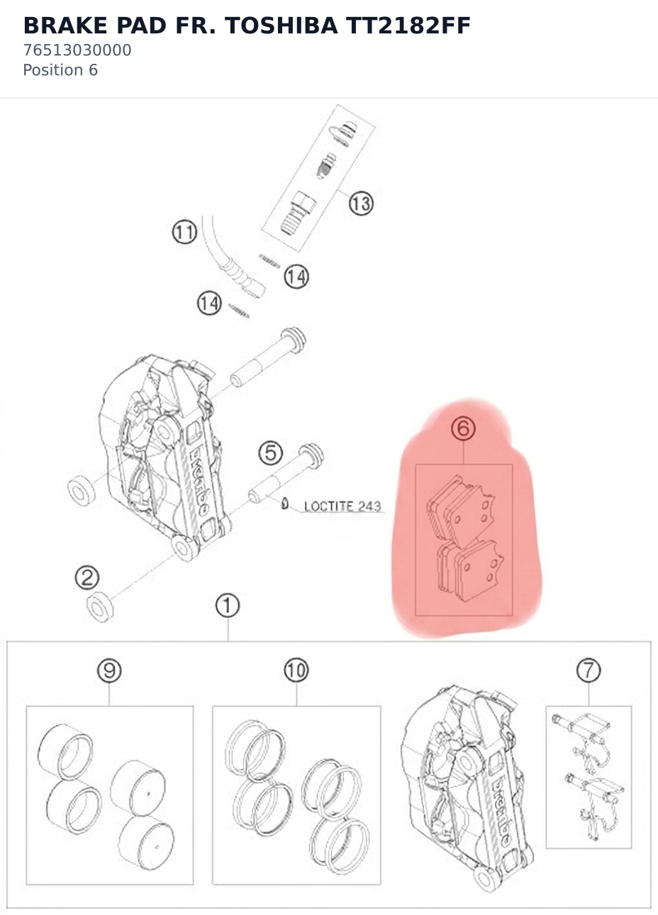 Diagram preview: BRAKE PAD FR. TOSHIBA TT2182FF (76513030000)