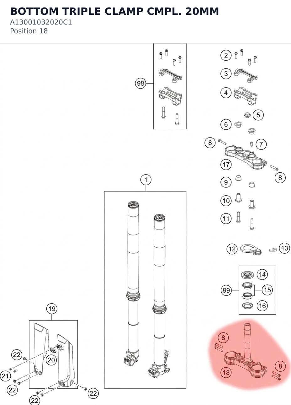 Diagram preview: BOTTOM TRIPLE CLAMP CMPL. 20MM (A13001032020C1)