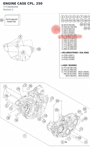 Diagram preview: ENGINE CASE CPL. 250 (77730000344)