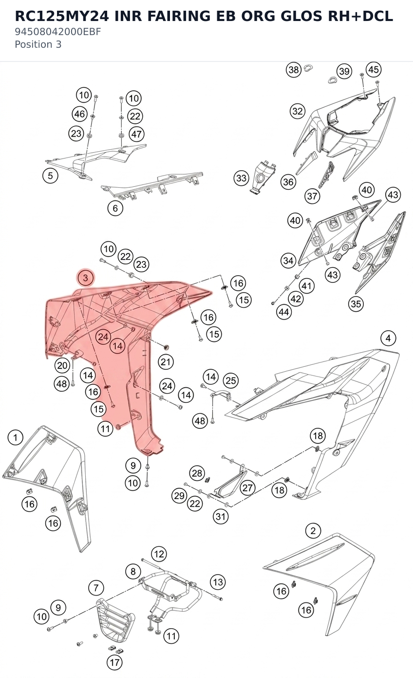 Diagram preview: RC125MY24 INR FAIRING EB ORG GLOS RH+DCL (94508042000EBF)