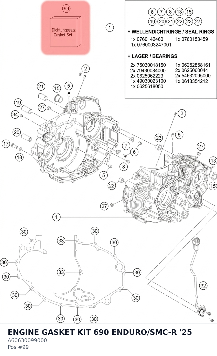 Diagram preview: ENGINE GASKET KIT 690 ENDURO/SMC-R '25 (A60630099000)