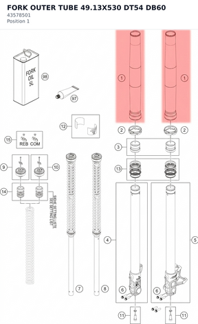Diagram preview: FORK OUTER TUBE 49.13X530 DT54 DB60 (43578501)