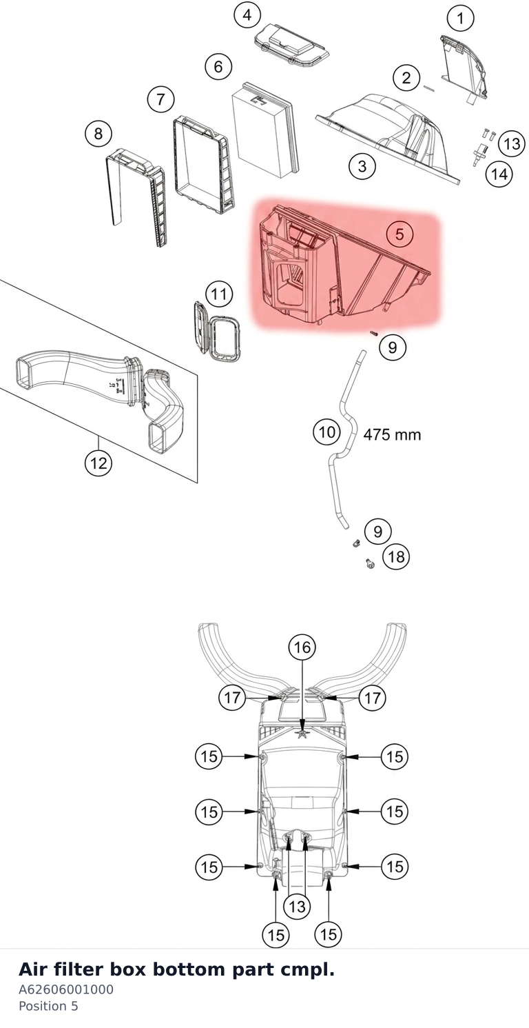 Diagram preview: Air filter box bottom part cmpl. (A62606001000)