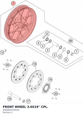 Diagram preview: FRONT WHEEL 3.0X19'' CPL. (6060900104430)