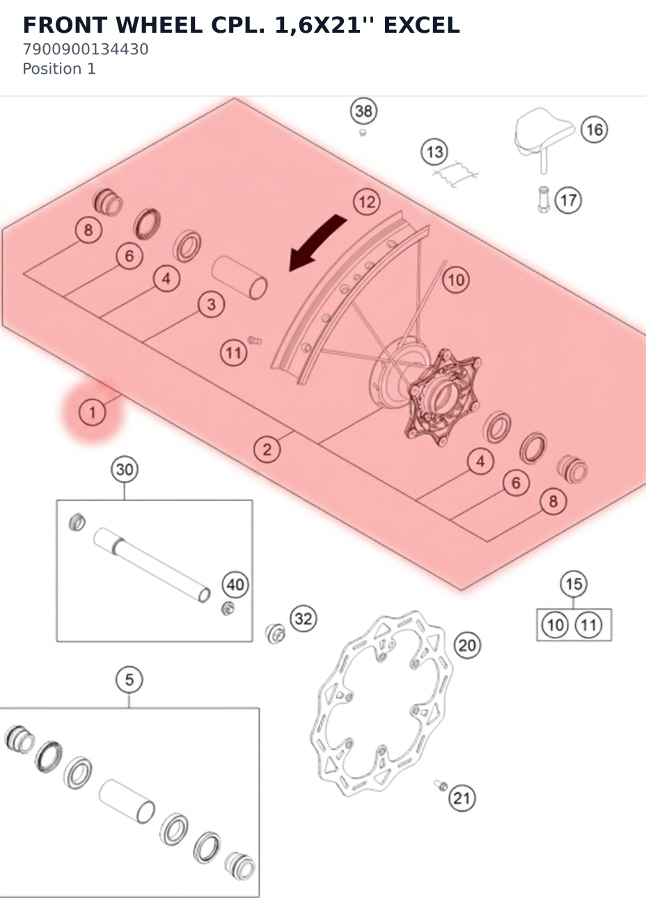 Diagram preview: FRONT WHEEL CPL. 1,6X21'' EXCEL (7900900134430)