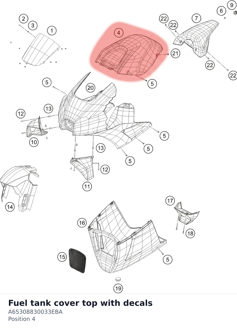 Diagram preview: Fuel tank cover top with decals (A65308830033EBA)