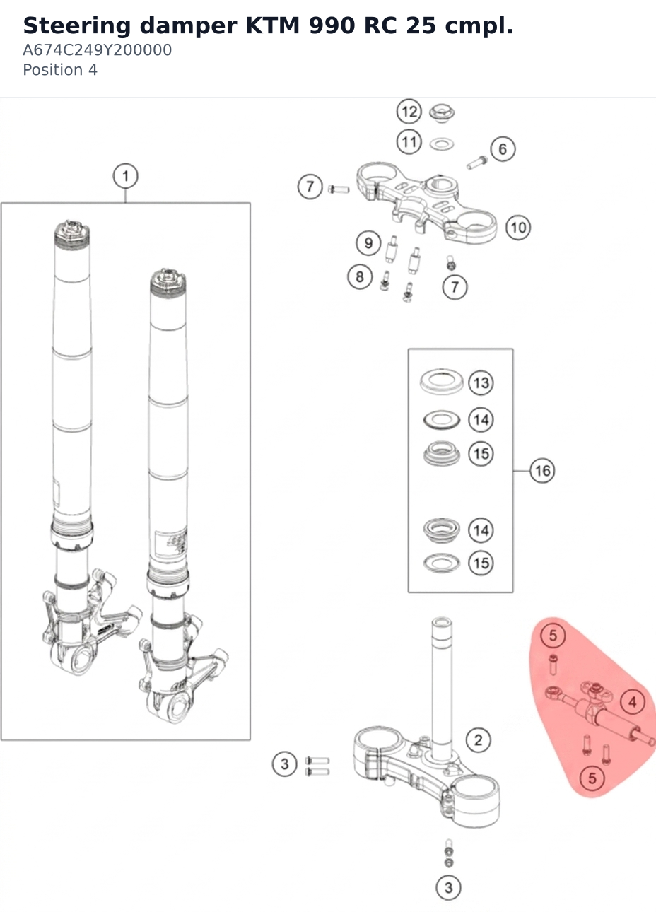 Diagram preview: Steering damper KTM 990 RC 25 cmpl. (A674C249Y200000)