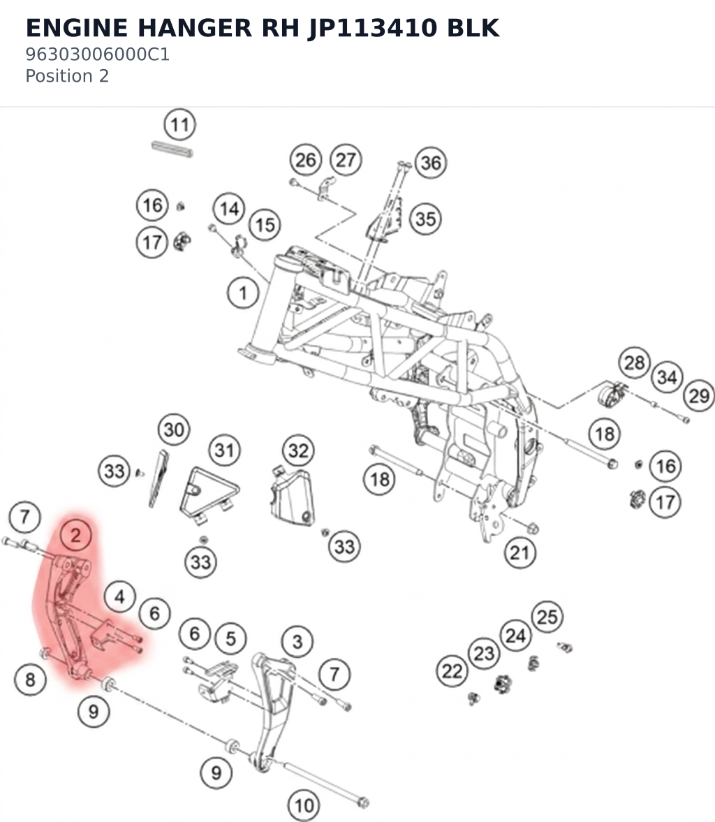 Diagram preview: ENGINE HANGER RH JP113410 BLK (96303006000C1)