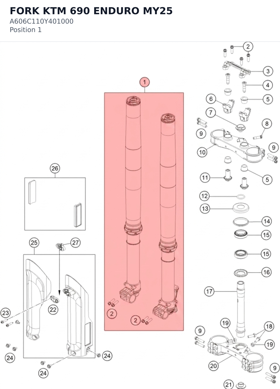 Diagram preview: FORK KTM 690 ENDURO MY25 (A606C110Y401000)