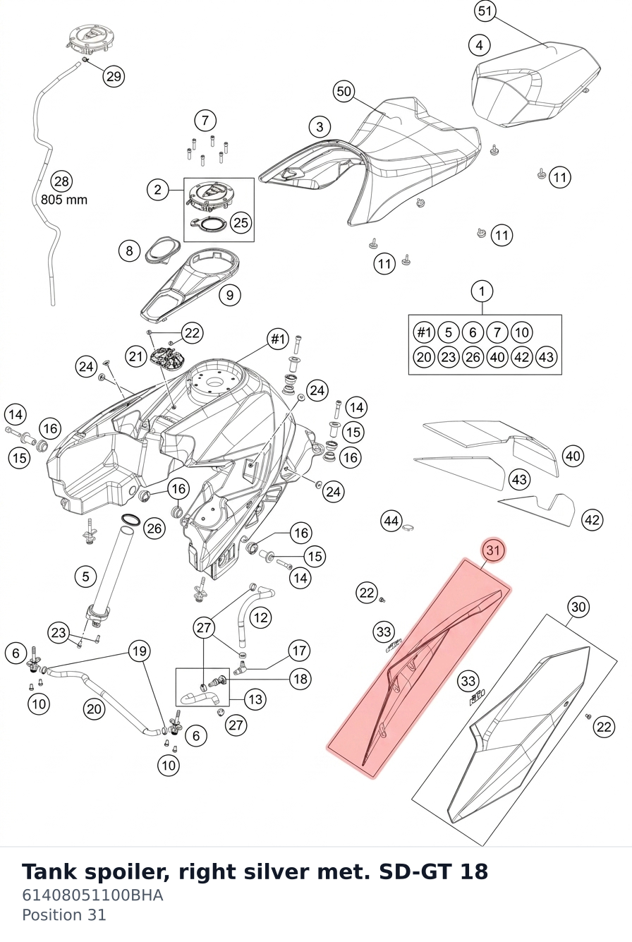 Diagram preview: Tank spoiler, right silver met. SD-GT 18 (61408051100BHA)