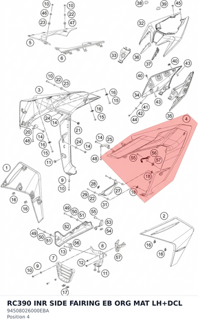 Diagram preview: RC390 INR SIDE FAIRING EB ORG MAT LH+DCL (94508026000EBA)