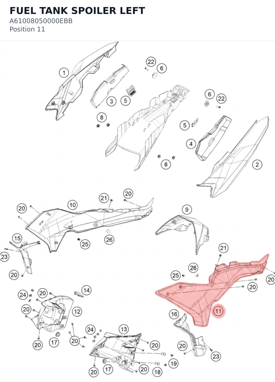 Diagram preview: FUEL TANK SPOILER LEFT (A61008050000EBB)