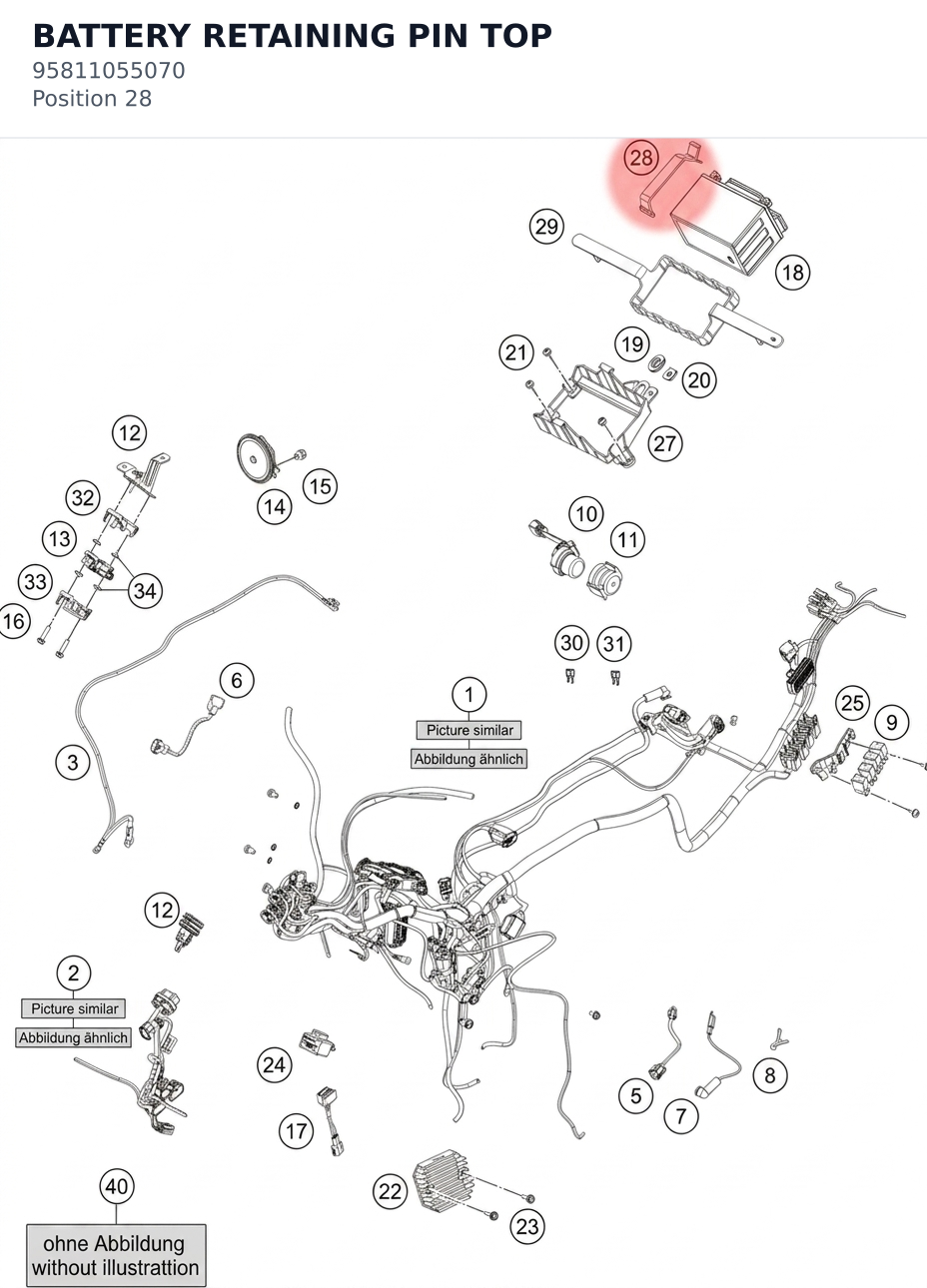 Diagram preview: BATTERY RETAINING PIN TOP (95811055070)