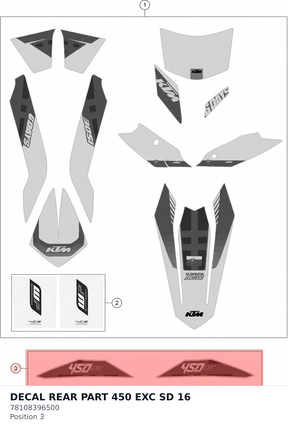Diagram preview: DECAL REAR PART 450 EXC SD 16 (78108396500)