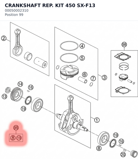 Diagram preview: CRANKSHAFT REP. KIT 450 SX-F13 (00050002310)