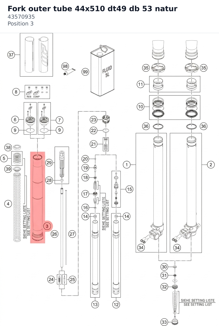 Diagram preview: Fork outer tube 44x510 dt49 db 53 natur (43570935)