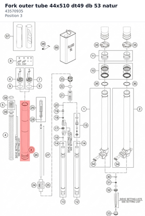 Diagram preview: Fork outer tube 44x510 dt49 db 53 natur (43570935)