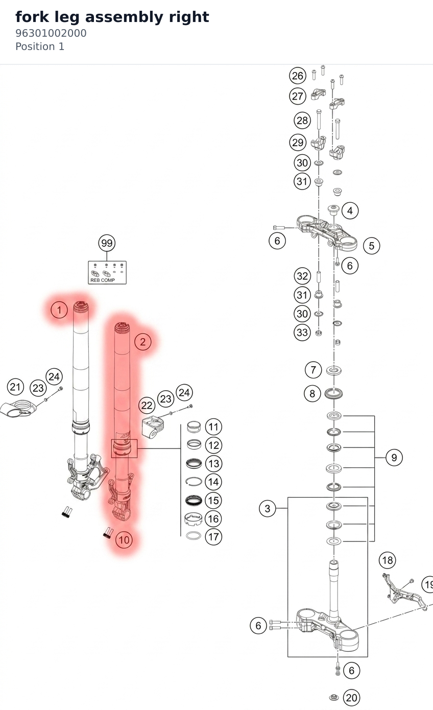 Diagram preview: fork leg assembly right (96301002000)