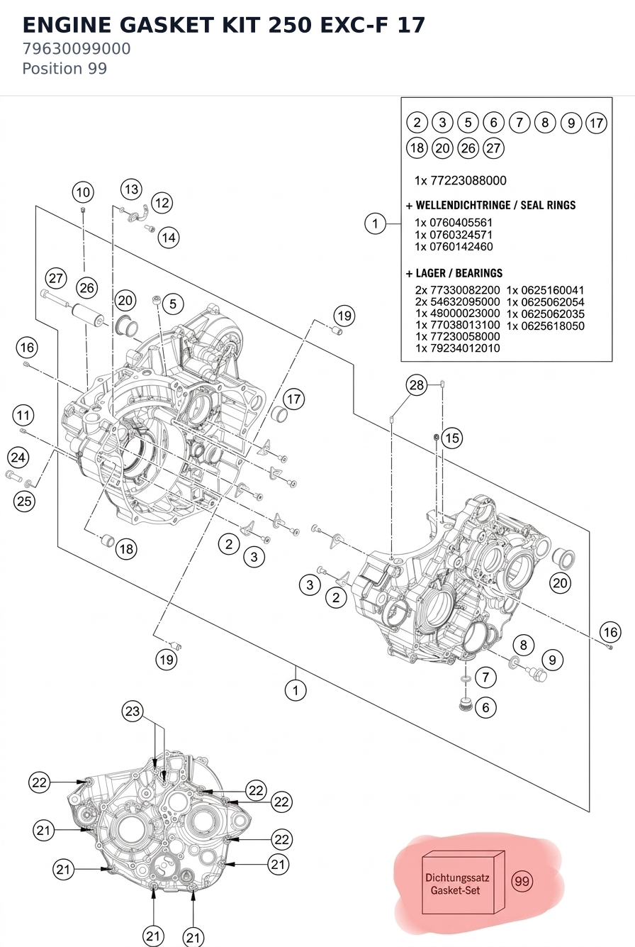 Diagram preview: ENGINE GASKET KIT 250 EXC-F 17 (79630099000)