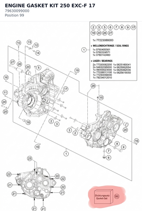 Diagram preview: ENGINE GASKET KIT 250 EXC-F 17 (79630099000)