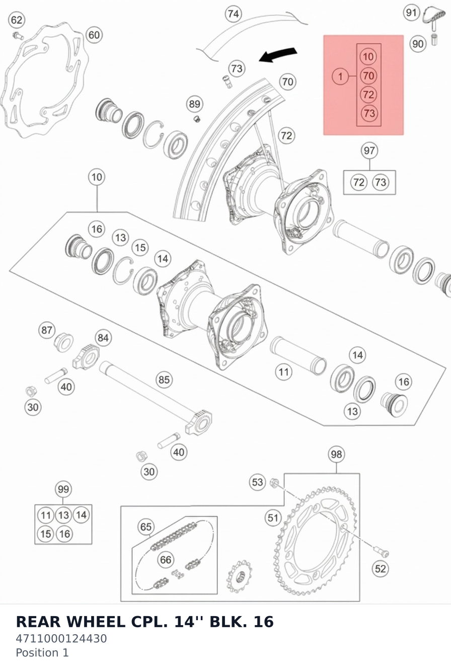 Diagram preview: REAR WHEEL CPL. 14'' BLK.  16 (4711000124430)