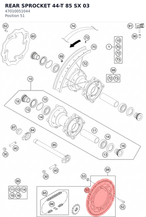 Diagram preview: REAR SPROCKET 44-T  85 SX   03 (47010051044)
