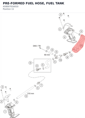 Diagram preview: PRE-FORMED FUEL HOSE, FUEL TANK (A58007016010)